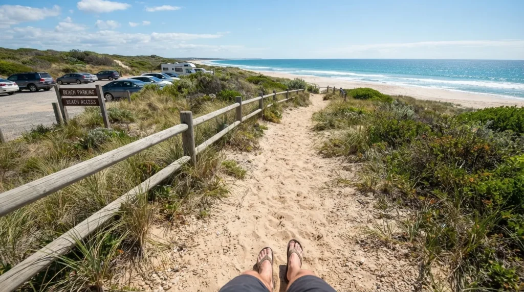 walk from the parking area to the beach